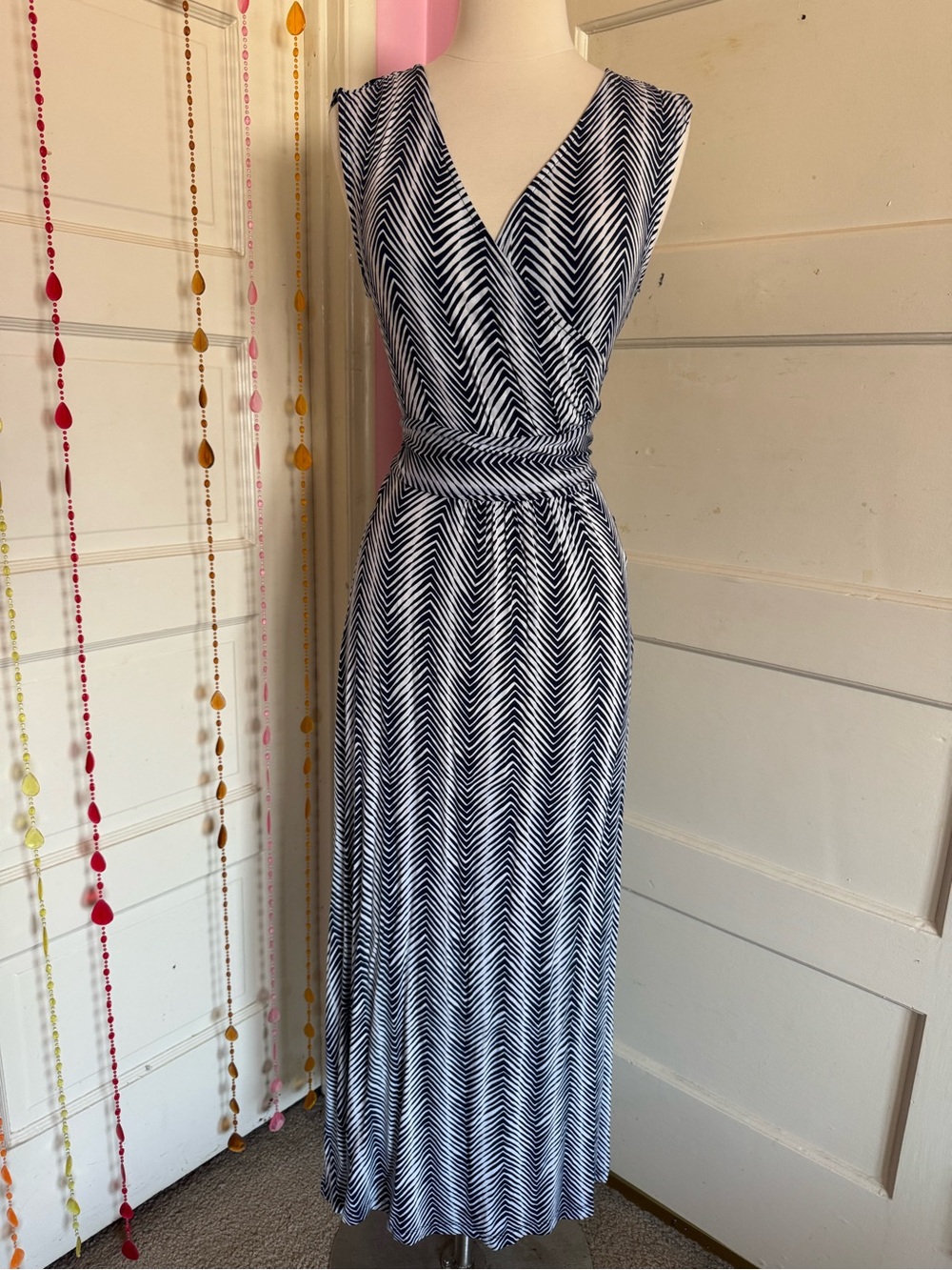 Talbots Petite Faux Wrap Chevron Maxi Dress Navy White MP